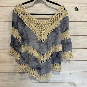 Jessica Crochet Trim Tie-Dye Top - Gray and Cream